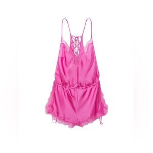 Victoria's Secret Pink Satin Side Tie Lace Laceup Romper Women’s Size Small